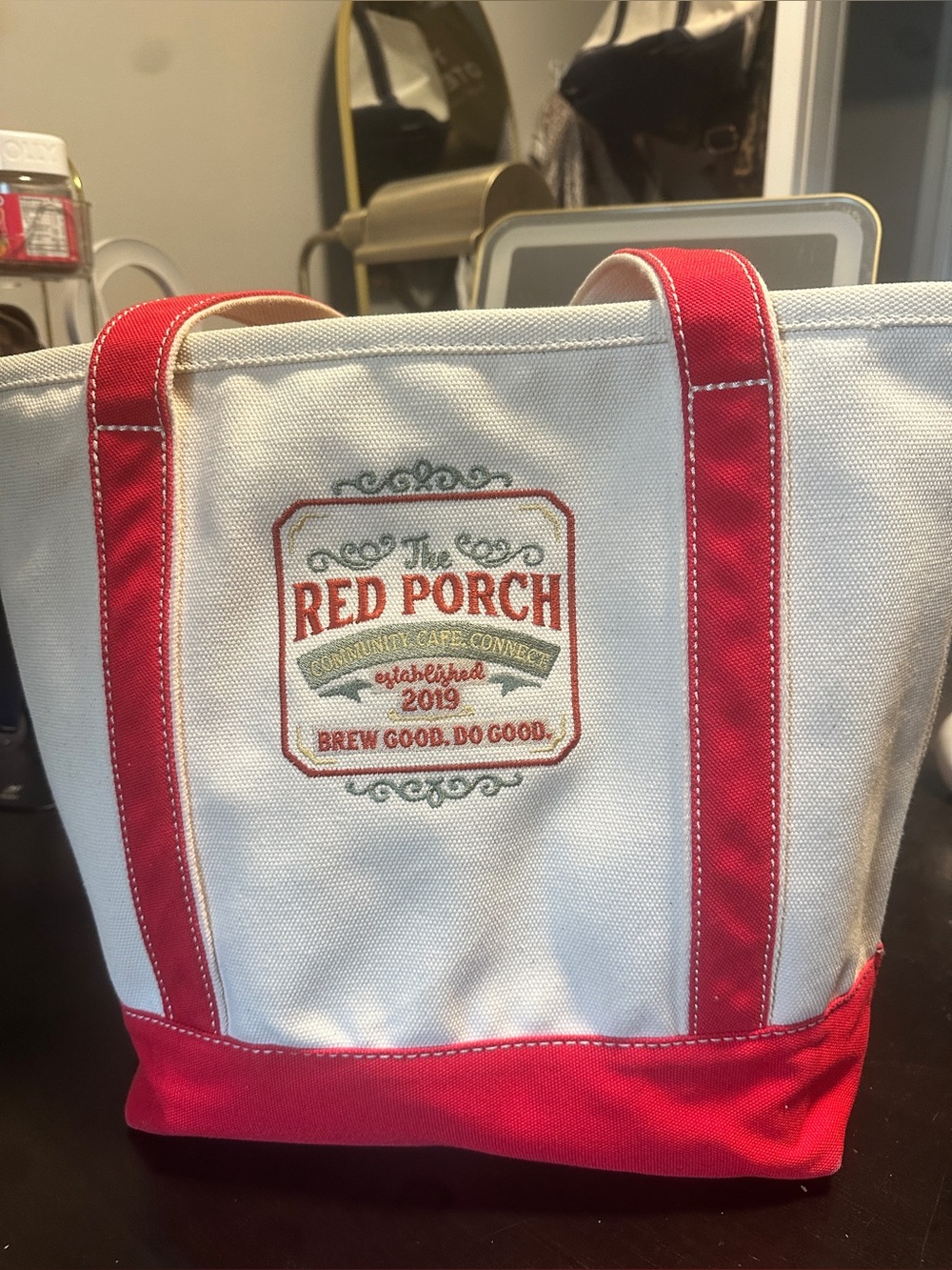 Lands' End Red and White Canvas Tote - Picture 2 of 11